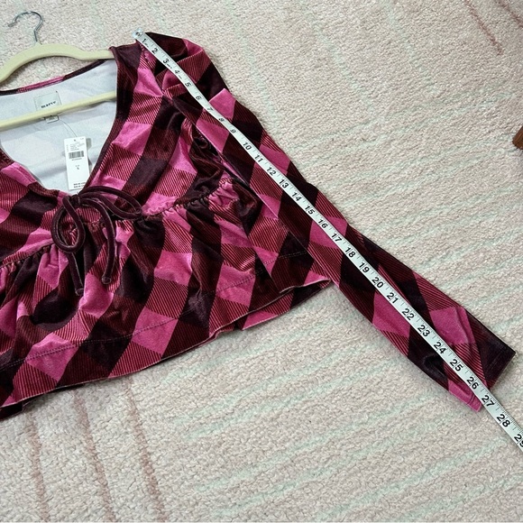 NWT Maeve Velvet Pink Maroon Plaid Puff Sleeve Top Low Cut Size Small - Picture 12 of 12